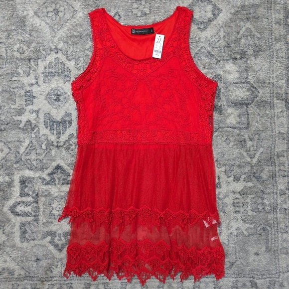 NEW YORK & COMPANY Nwt Lace-Mesh Sleeveless Tiered Tunic Top, Red, L - Picture 11 of 16